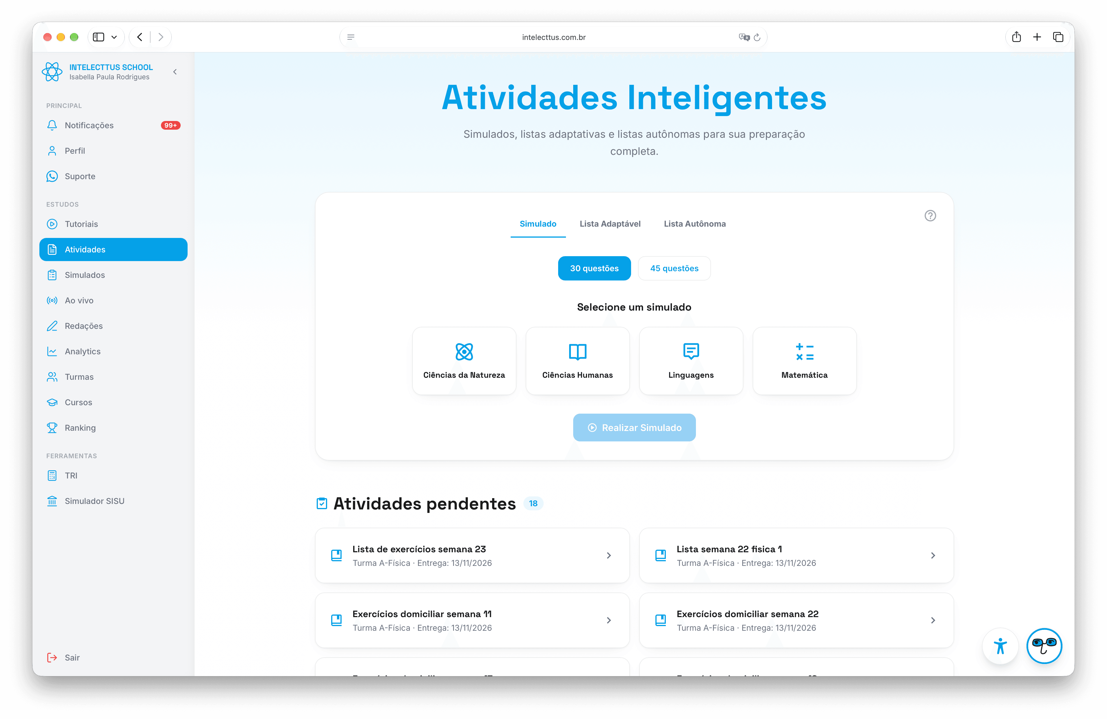 Tela de Atividades Inteligentes no Intelecttus-School
